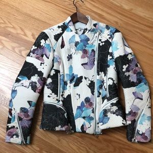 3.1 Phillip Lim Floral print corded moto jacket in white, beige, blue, purple.